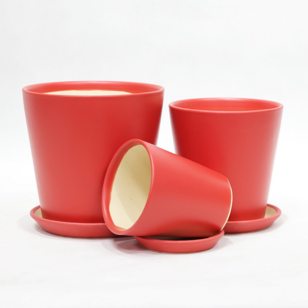 New Arrival Simple Style Round Ceramic Green Plant Pots with Saucer for Home Garden Decor