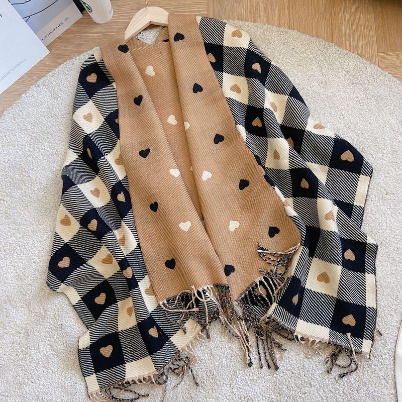 Scarves Women Knitted Heart-pattern Plaid Lovey Girl Winter Scarf College Fashionable Leisure Shawl Wraps