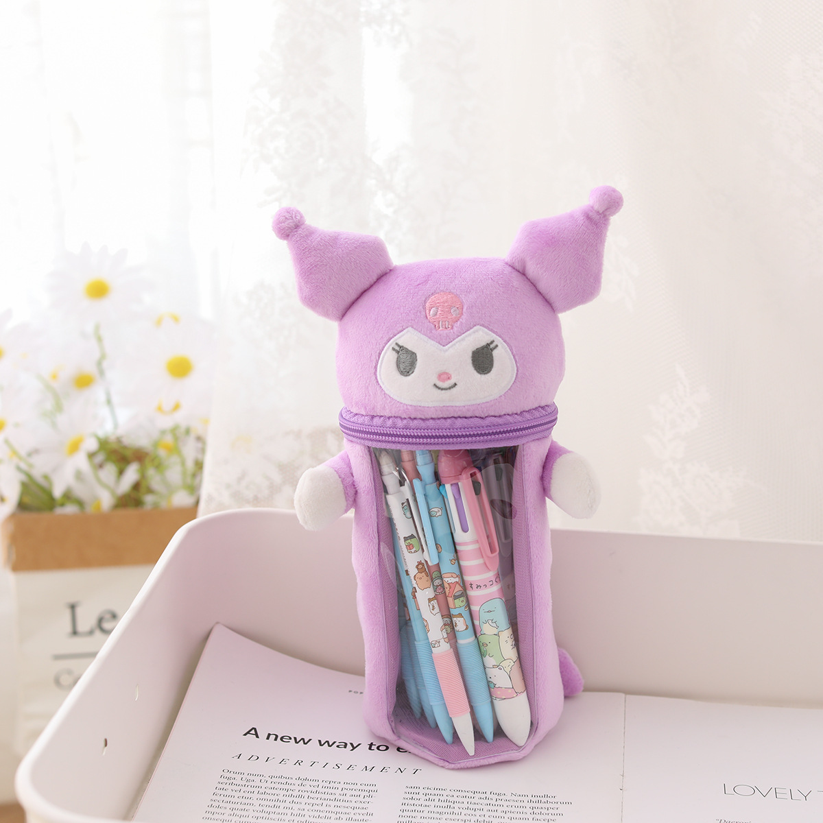 Kawaii Sanrio Plush Pencil Case Cartoon Kuromi Melody Cinnamoroll Plush Doll Cute Transparent Pen Holder Box Toys For Girls Gift