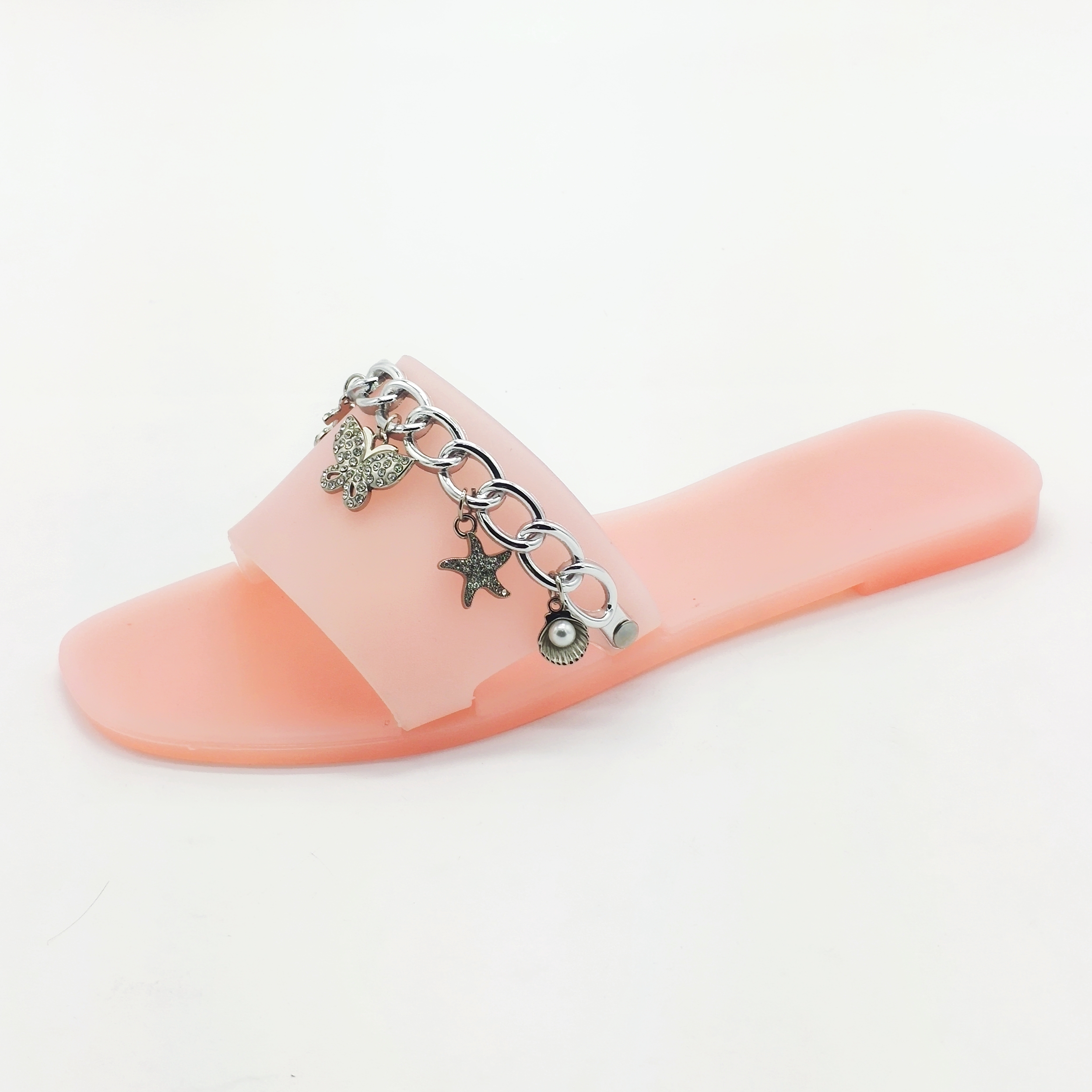 Hot Sale Custom Design Chain Decor Crystal Ladies Flat Jelly Slides Sandals Ladies Pvc Slippers Jelly Shoes For Women