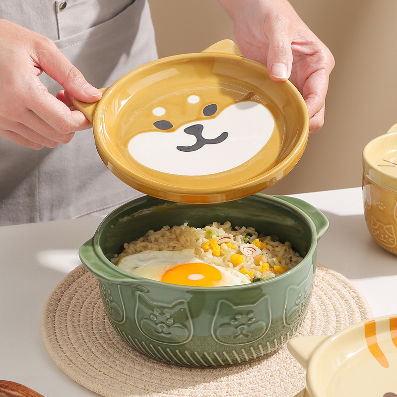 Cartoon Cat Fruit Bowl with Lid Ceramic Breakfast Cup Delicate Animal Salad Dessert Noodle Soup Large Bowl Kitchen Tableware New