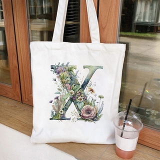 Casual Large Capacity Women's Handbags 26 Alphabet A-Z Shoulder Bags Shopper Canvas Letter Fashion Flower Trend White Tote Bags