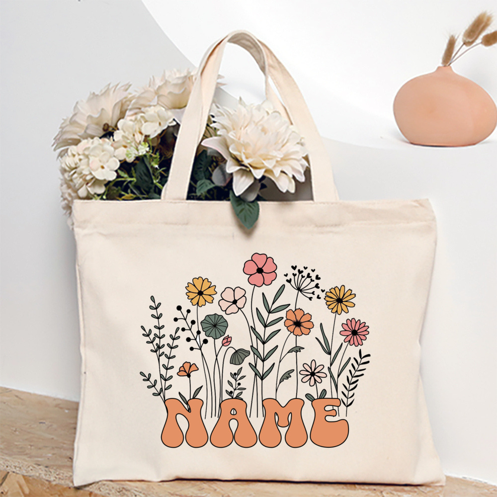 Personalized Flower with Name Tote Bag Women Canvas Shoulder Bags Monogram Shopping Bag Handbags Birthday Wedding Gifts For Her