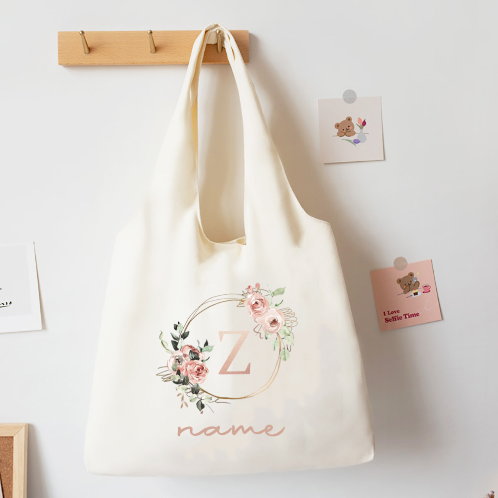 Custom Name Floral Alphabet Print Tote Bag Personalize Canvas Portable Large Capacity Handbags The Christmas Birthday Best Gifts