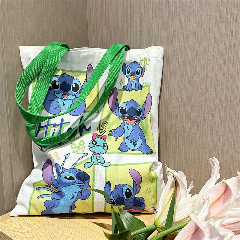 New Cartoon Canvas Shoulder Bags Cute Anime Stitch Angel Large Capacity Shopping Tote School Bags Gifts Girls