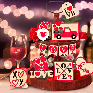 Valentine's Day Tiered Tray Decor Delicate Wooden Valentine Tabletop Decor Reusable Valentine Tray Decoration for Tabletop Party