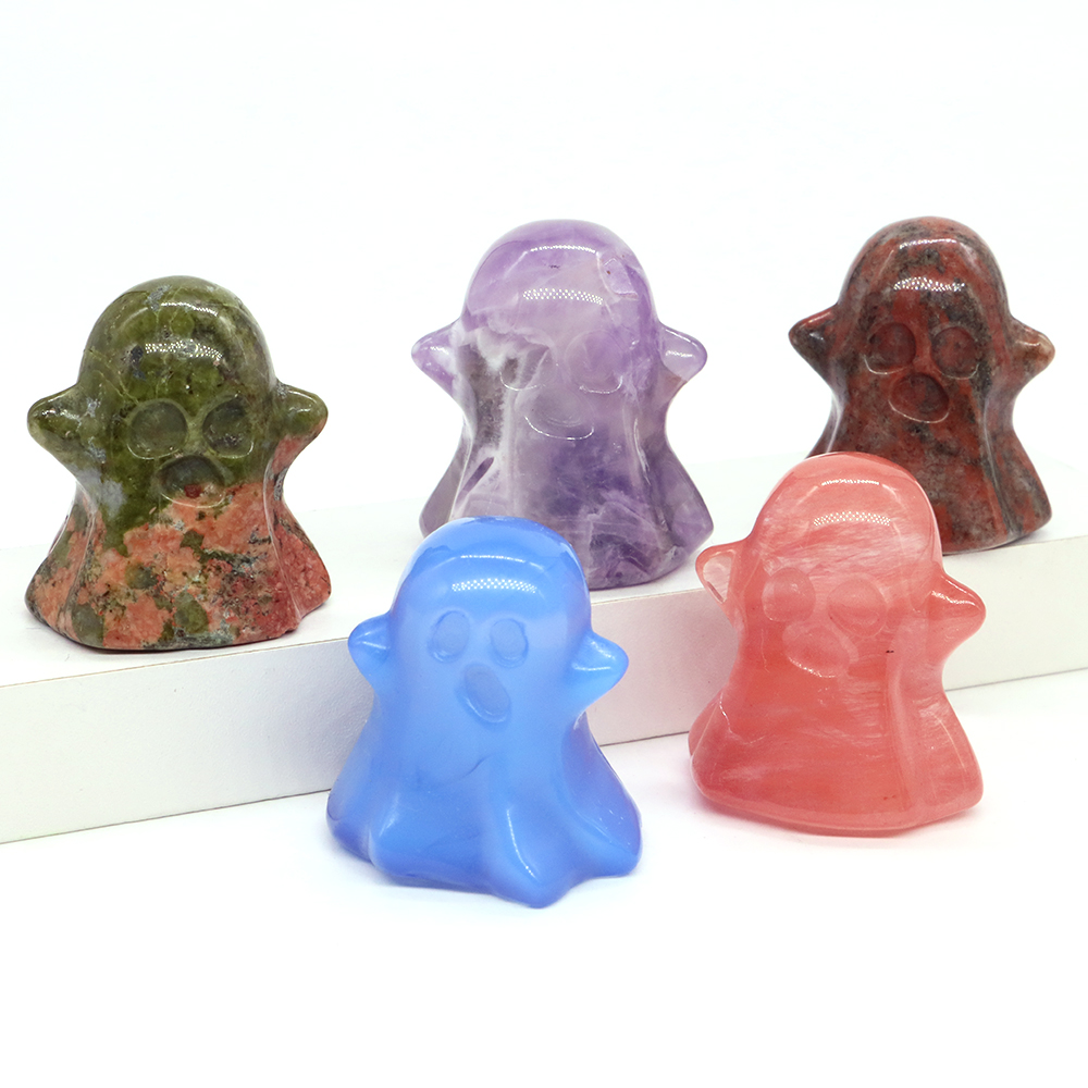 Natural Healing Crystals Stone Ghost Statue Reiki Energy Chakra Gemstone Quartz Animal Figurine, Home Halloween Decoration, 1.2"