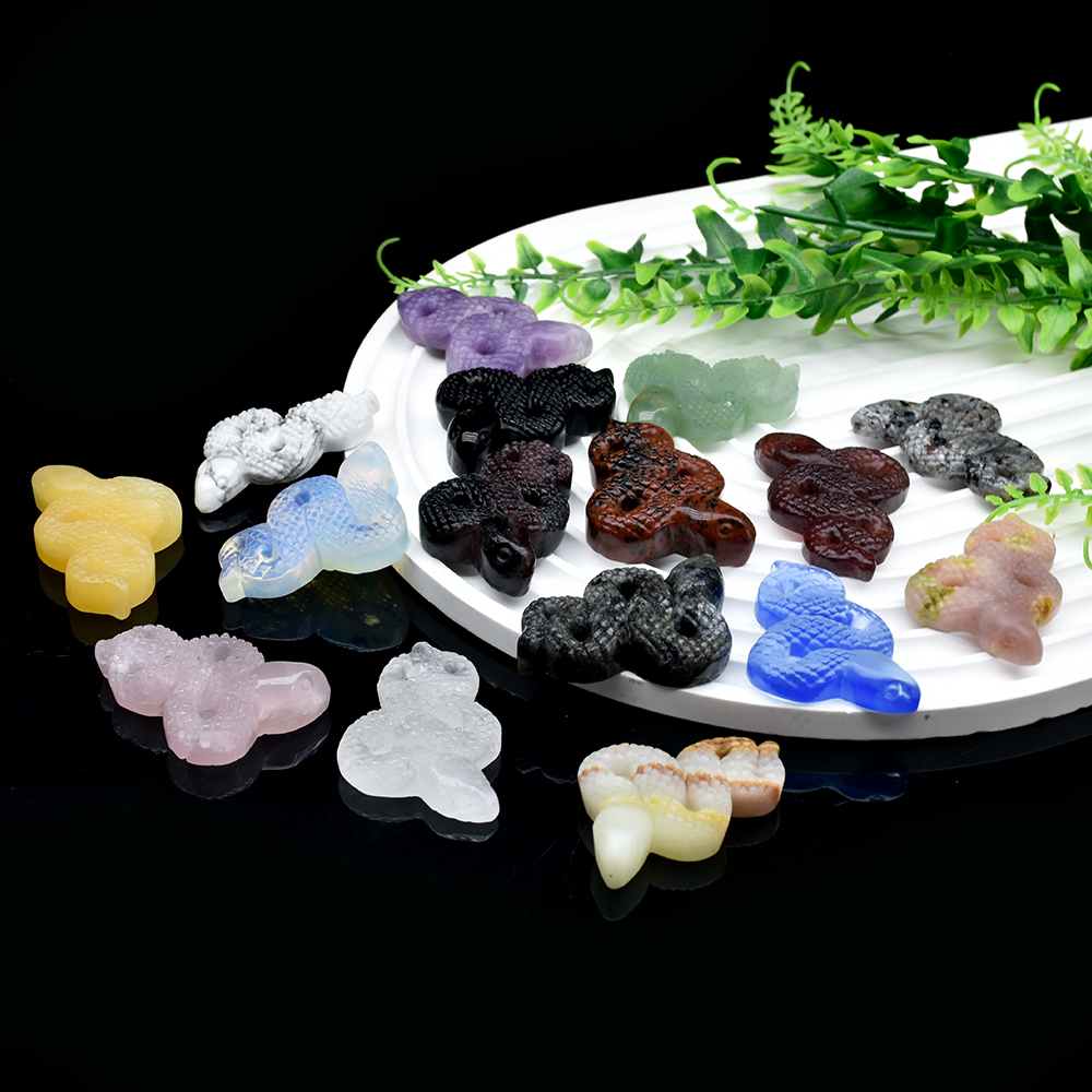 2" Snake Statue For Good Luck Natural Stone Healing Crystal Rose Quartz Jade Jasper Lepidolite Carved Animal Figurine Home Decor
