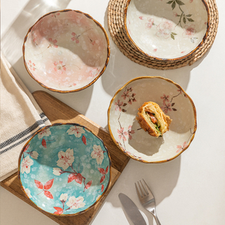 7.5 Inch Japanese Ceramic Flower Salad Bowl, Spaghetti Grain Fruit Bowl, Creative Dining Plate Ramen Bowl Salad Bowl Soup Bowl