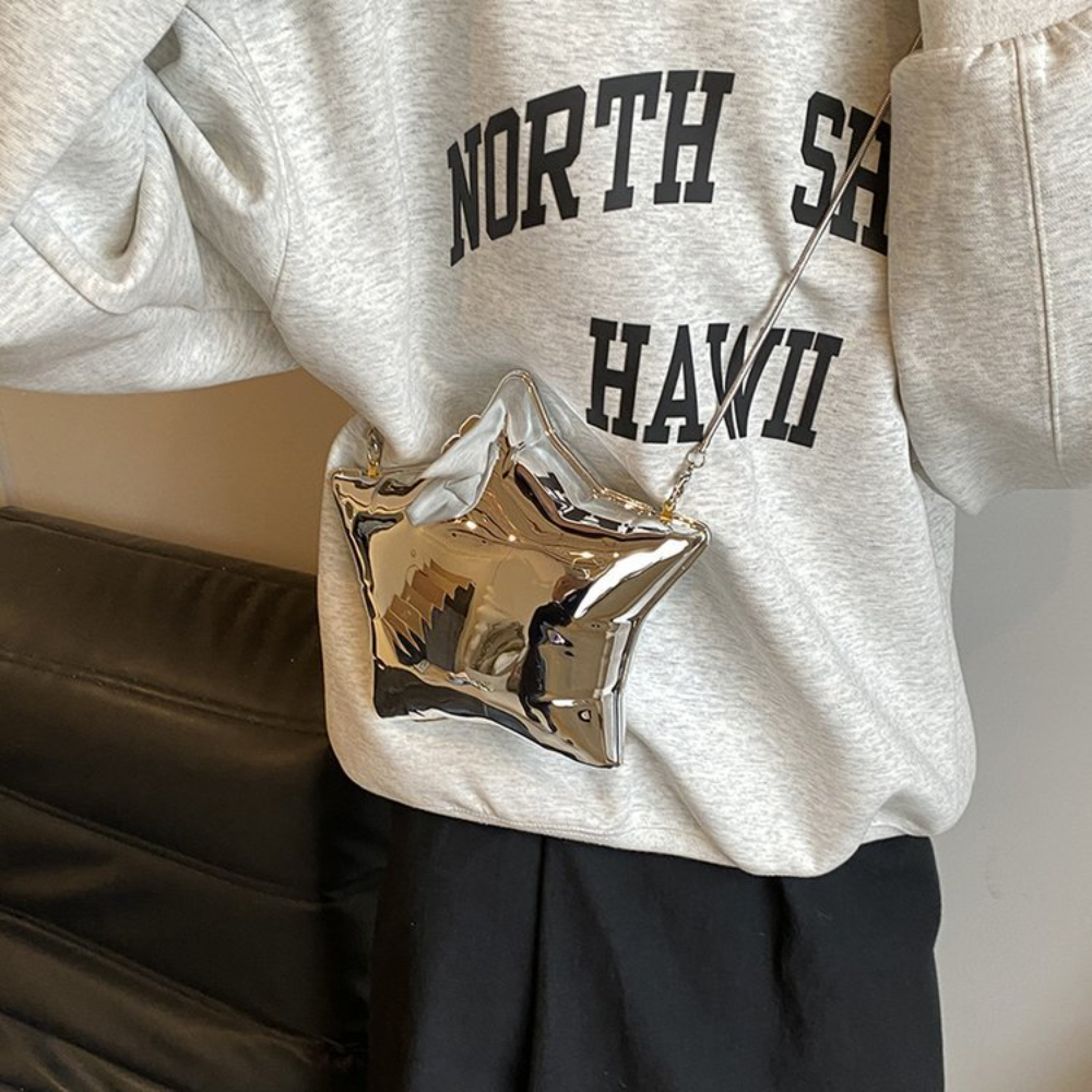 1Pc Nice Design Gold And Silver Chain Women's Evening Bags 2024 New Bright Face Five Pointed Star Shoulder Bag Funny Party Bag