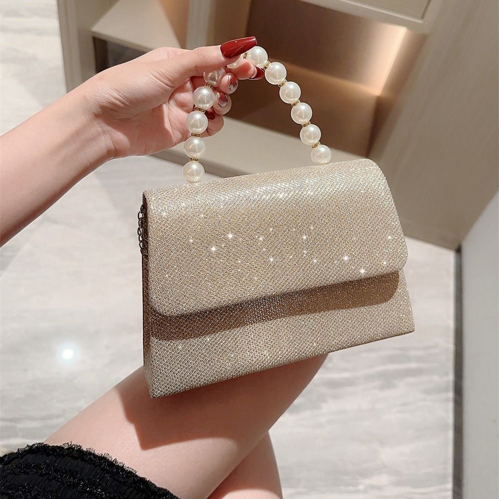 Gold Bright Silk Evening Bag Women Elegant Fashion Banquet Clutch Pearl Chain Shoulder Bags Luxury Purse Female Wedding Handbags