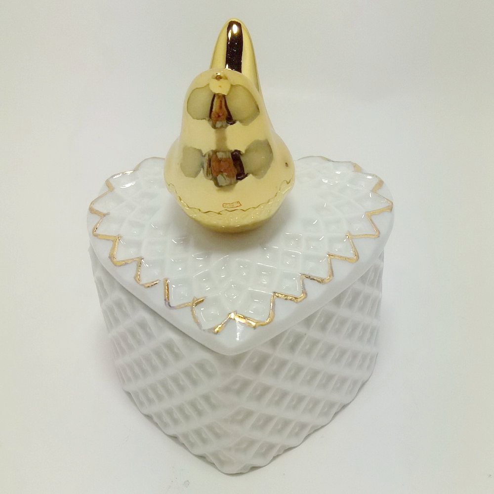 White Ceramic Square Jewelry Box with Gold Line And One Handmade Flower