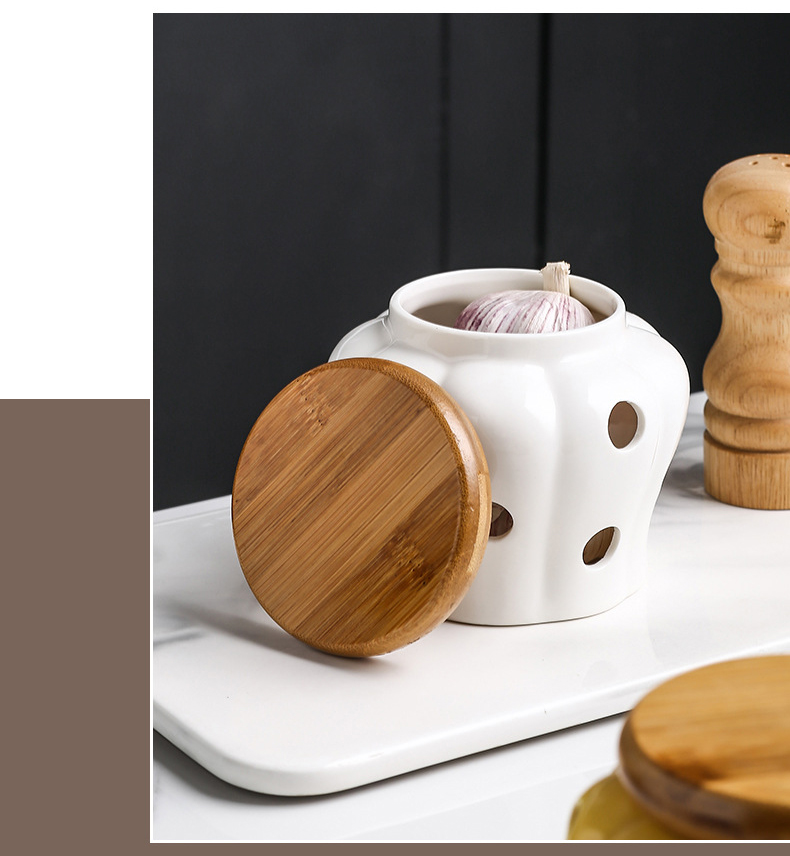 Ceramic Garlic Ginger Jars Wooden Lid Refined Storage Tank Candles Jars Home Kitchen Solid Color Organizer Box Storage Container