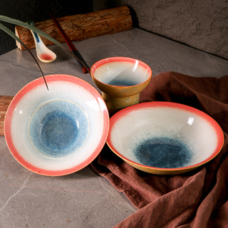Japanese Style Customized Rice Noodle Ramen Bowls Set Colored Glaze Serving Bowls Ceramic Ramen Noodle Bowl Set