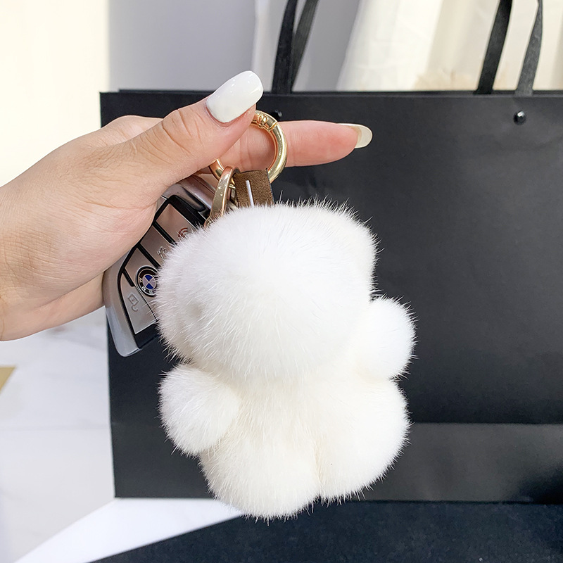Women Bag Charm Trinkets Car Metal Key Rings Rear View Mirror Ornaments Cute Real Mink Fur Keychain Plush Panda Pendant Kids Toy