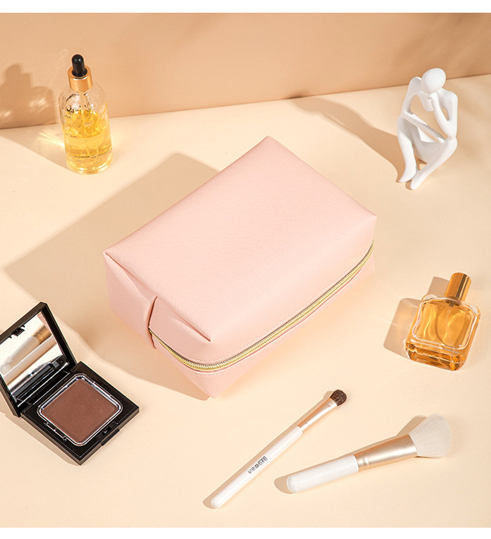 Women Cosmetic Bag Waterproof PU Leather Solid Color Makeup Pouch Travel Portable Wash Toiletry Storage Bag Organizer Purse 