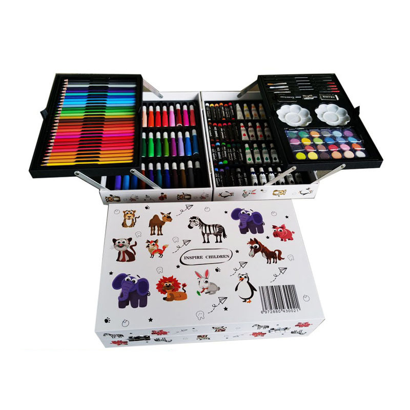 Art Supplies Set 145 Children's Painting Watercolor Pen Color Pencil Double Wooden Box Art Set Wholesale