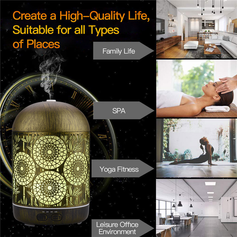 Air Humidifier Aroma Essential Oil Diffuser LED Night Light Hollow Metal Cool Mist Maker Aromatherapy for Home Office Bedroom