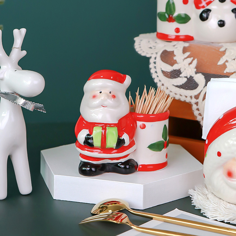 Christmas Table Decoration Santa Claus Snowman Painted Ceramic Tooth Holder Toothpick Box