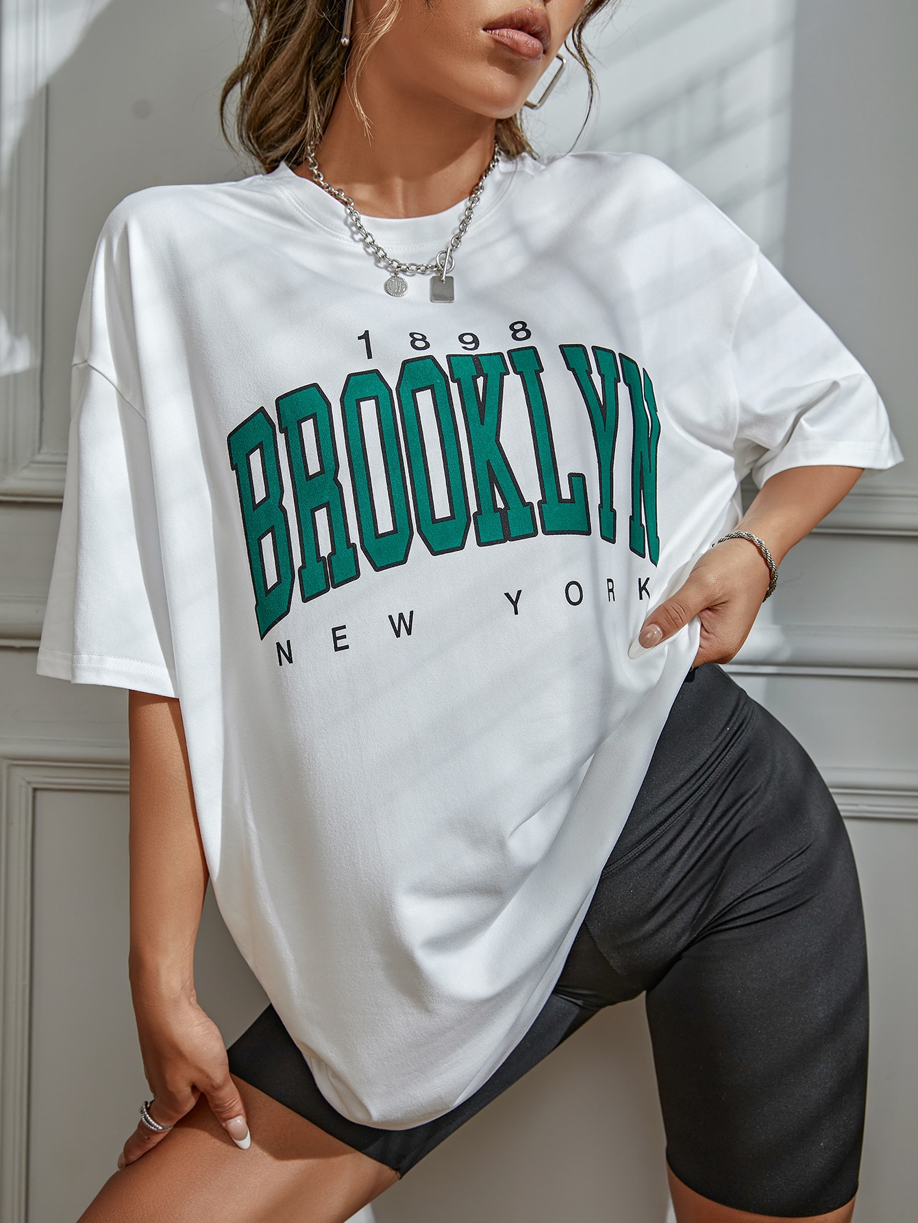 Oversized Tshirt 1898 Brooklyn Print New York Letter Drop Shoulder Priting Women T-Shirt Vintage Simple Clothes Female T Shirt