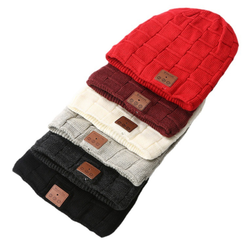 Hat Music Wholesale Wireless Headphone Knitted cap Custom women label Embroidery leather patch Logo Wool Beanie Hat