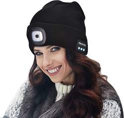 LED Beanie with Light,Unisex USB Rechargeable Hands Free 4 LED Headlamp Cap Winter Knitted Night Lighted Hat