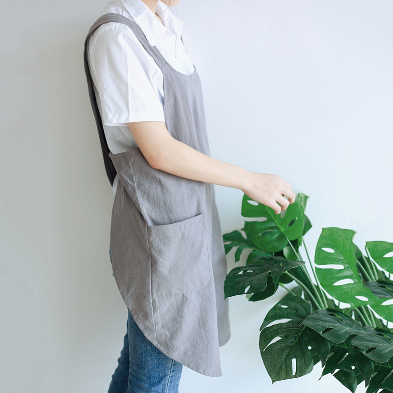 Women Cotton Linen Cross Back Apron Japanese Housework Baking Wrap Korean Florist Dress Solid Color Garden Kichen Apron