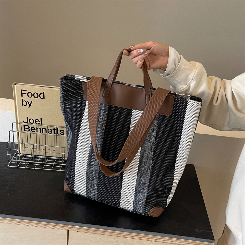 Striped Shoulder Bucket Bags For Women Canvas Fabric Large Capacity Shopping Totes Contrast Color Commute Shopper Handbags 2024