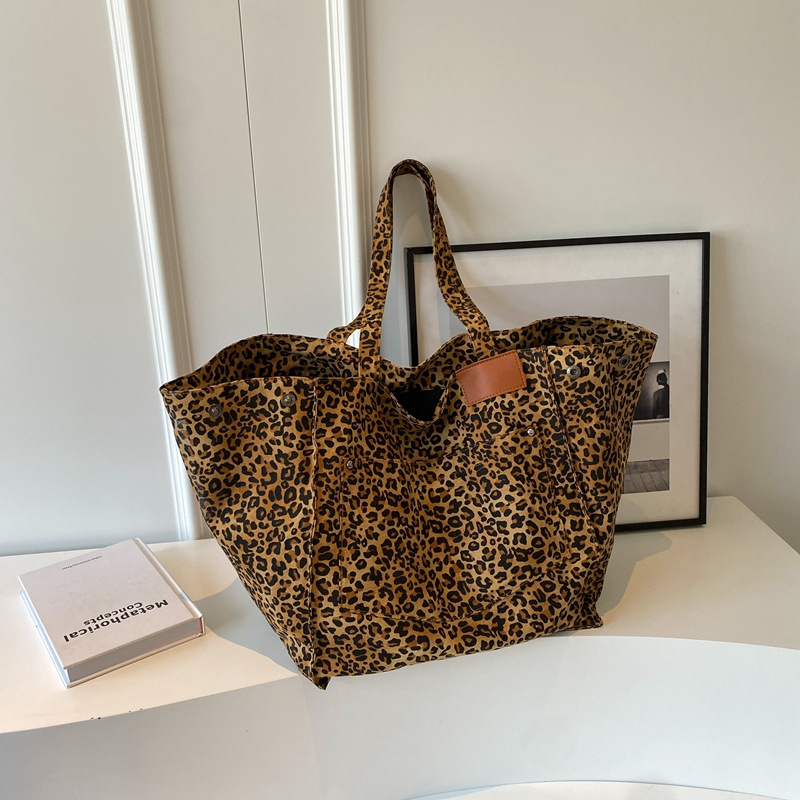 Leopard Pattern Tote Bag Vintage Canvas Shoulder Bag Fashion Big Capacity Handbag For School Work Shopping