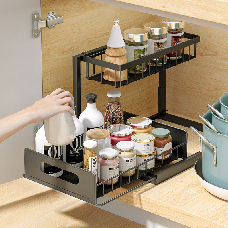 Carbon Steel Storage Holders Racks Spice Racks Kitchen Under Sink Organizers With 2 Tier Sliding Drawer