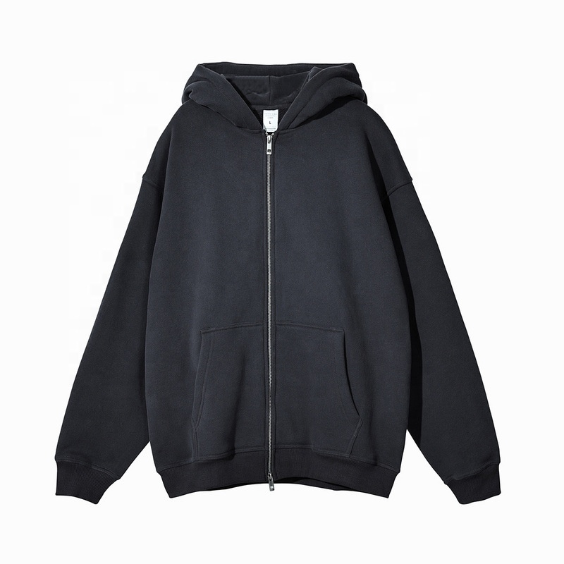 High Quality Puls Size Men's Black Plain Zip Up Hoodies Custom Puff Printing Logo Oversized Zipper Hoodie for Man