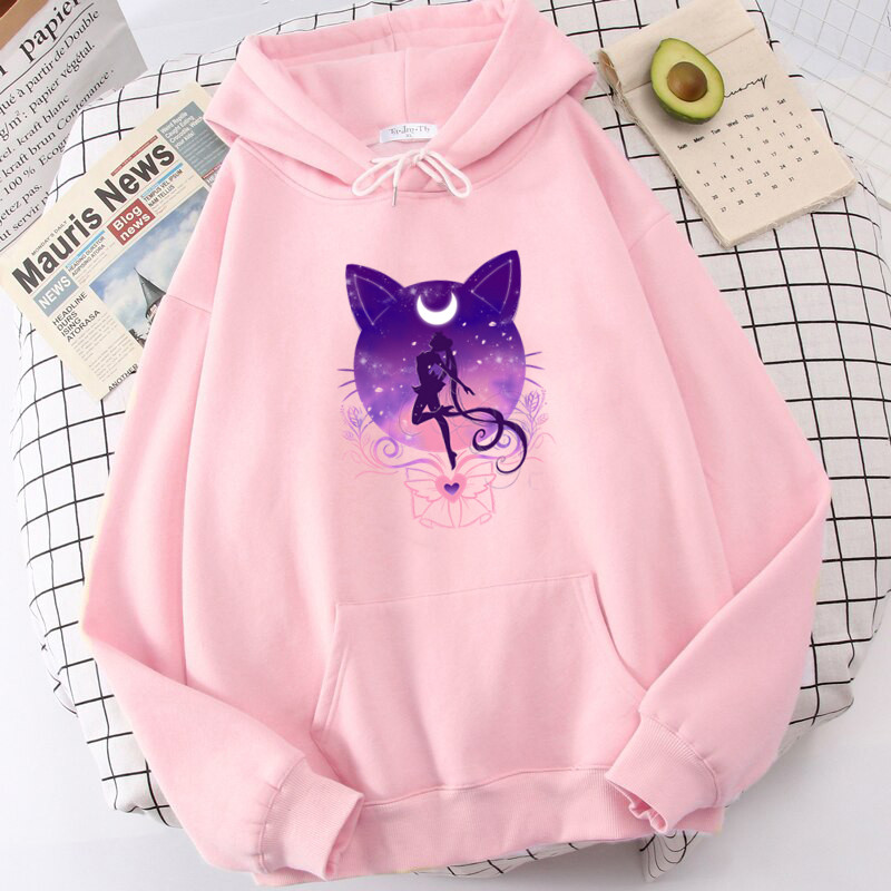 Vintage Anime Plus Size Hoodie Women Sweatshirts Printed Cat Moon Long Sleeve Hooded Kawaii Cartoon Female Streetwear Tops