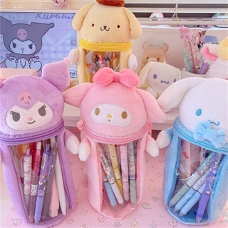 Kawaii Sanrio Plush Pencil Case Cartoon Kuromi Melody Cinnamoroll Plush Doll Cute Transparent Pen Holder Box Toys For Girls Gift