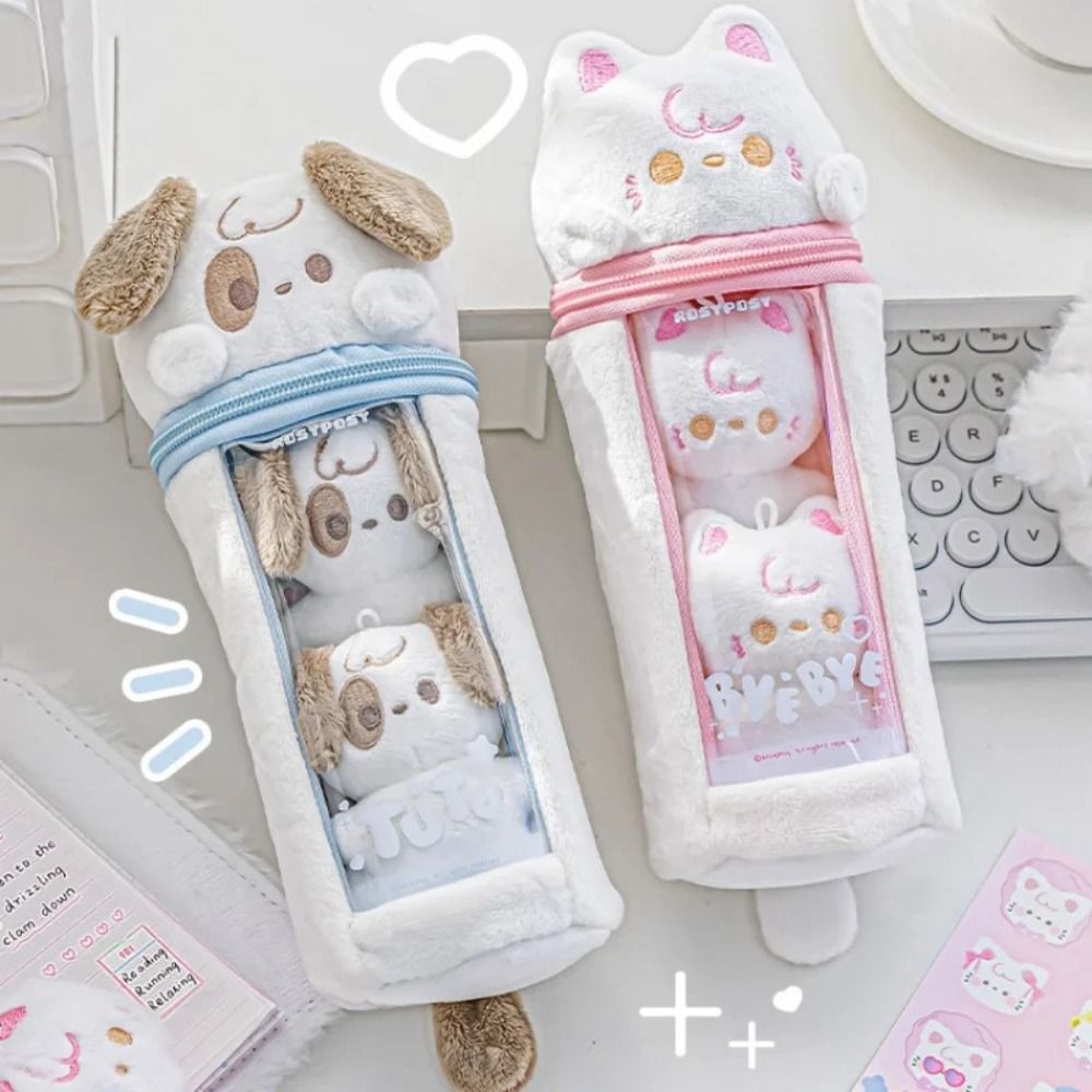 Cute Cartoon Animal Plush Pen Bag Student Plush Cat Puppy Pencil Bag Portable High Capacity Stationery Bag Storage Pencil Bag