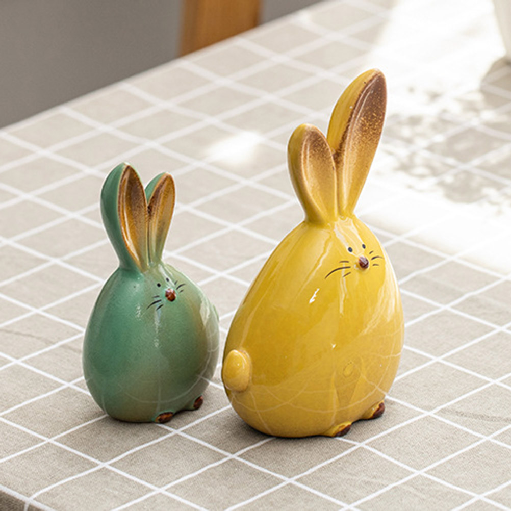 Ceramic Rabbit Figurines Easter Long Ear Bunny Ornament Desktop Animal Doll Home Office Room Decoration