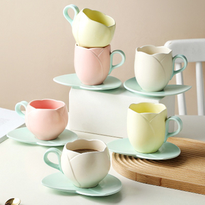 1 Set Tulip Cup Saucer Flower Shaped Ceramic Coffee Mug Unique Flower Cup Afternoon Teacup Girl Breakfast Milk Oatmeal Drinkware