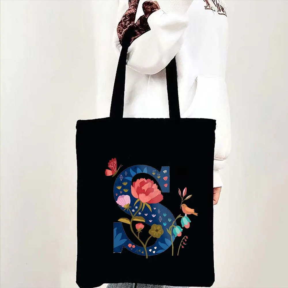 A Z Watercolor Flower Letter Print Harajuku Shopping Canvas Tote Bag Women's Designer Shopper Handbag Canvas Bag