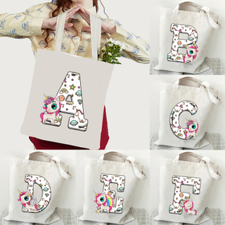 Woman’s Unicorn Alphabet White Print Tote Bag Harajuku Shopping Bags Unisex Cartoon Style Cute Unicorn Shopper Shoulder Bag