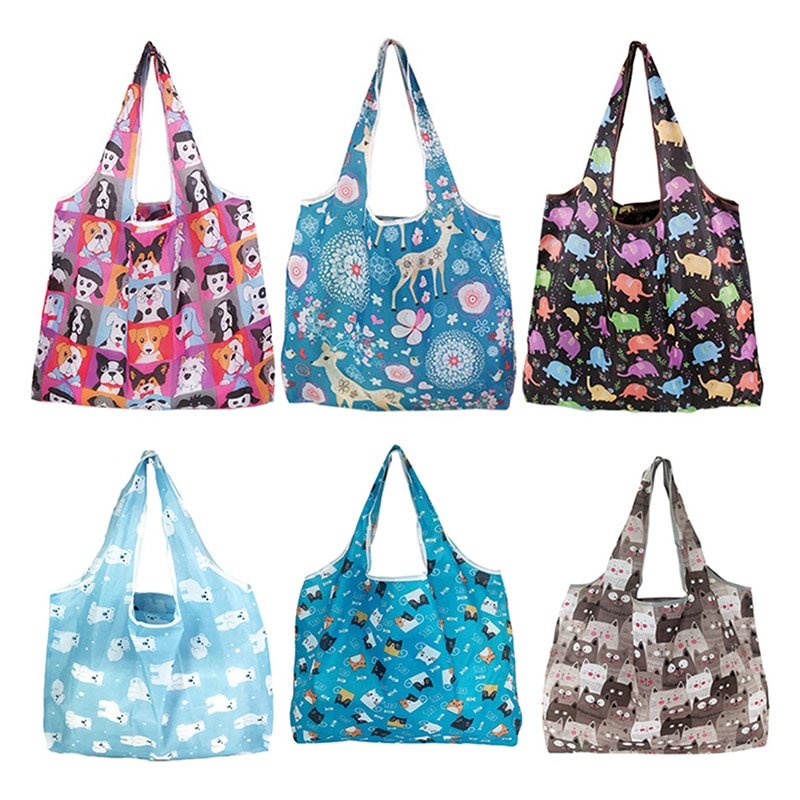 Foldable Shopping Bag Reusable Travel Grocery Bag Eco-Friendly Cute Animal Cat Cactus Lemon Printing Supermarket Tote Bag