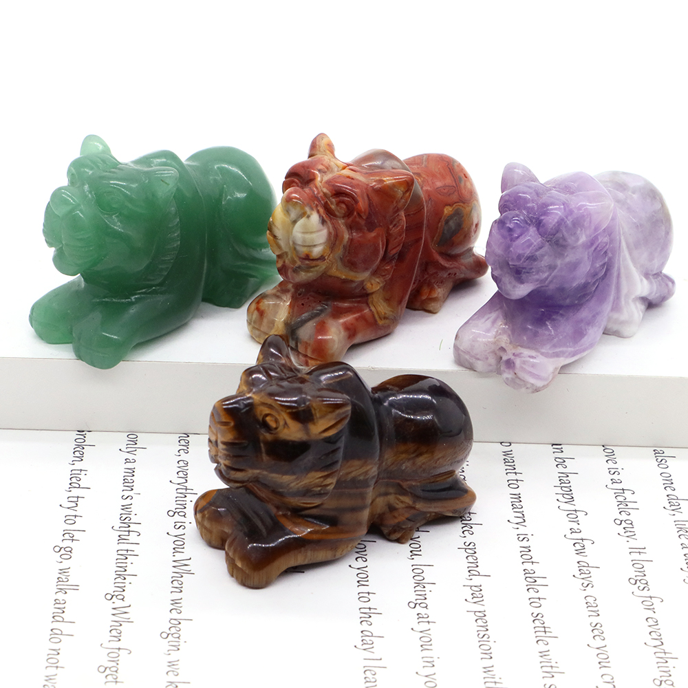 2" Tiger Statue Natural Stones Healing Crystal Quartz Carving Reiki Animal Figurine Amethyst Crafts Home Decoration Lucky Gift