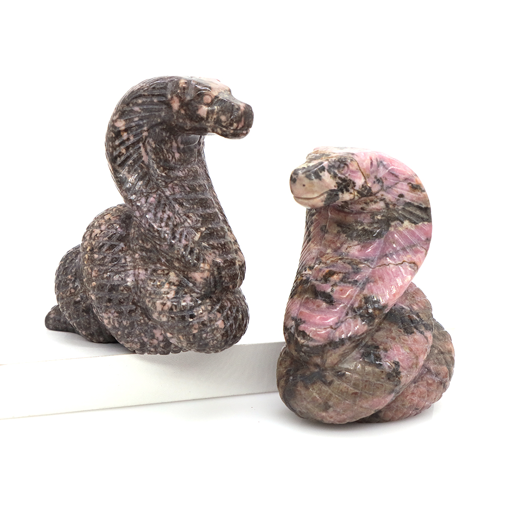 Cobra Snake Statue Natural Pink Black Rhodonite Reiki Crystal Stone Craft Animal Desk Decorations Tea Pets Ornaments, Gift, 2.9"