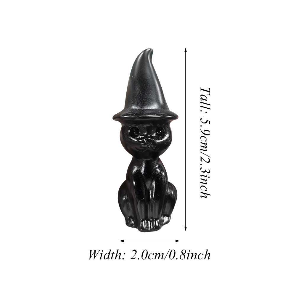 1PC Black Obsidian Crystal Carved Cat Figurine with Witch Hat, Natural Rock Crystal Handcrafted Cat Statue, Decorative Gemstone
