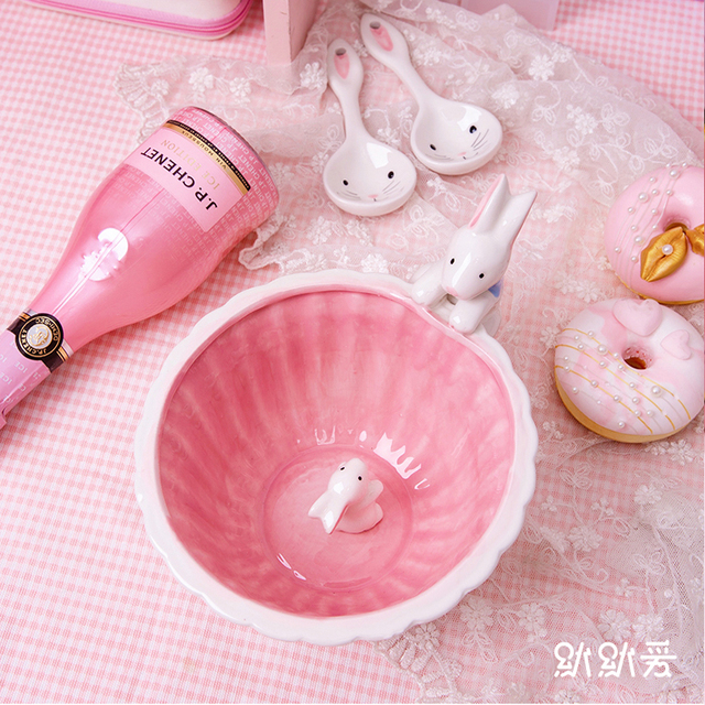 Cute Rabbit Ceramic Bowl Easter Decoration Breakfast Fruit Salad Noodle Ramen Bowl Tableware Kawaii Kitchen Accessories Gadgets