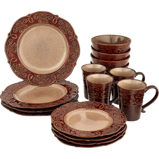 Round Decorated Stoneware Scallop Embossed Dinnerware Dish Set 16 Piece Salia Dinner Set Plates and Dishes