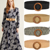 Vintage Waist Belt Round Wooden Smooth Buckle Fake Straw Wide Belt