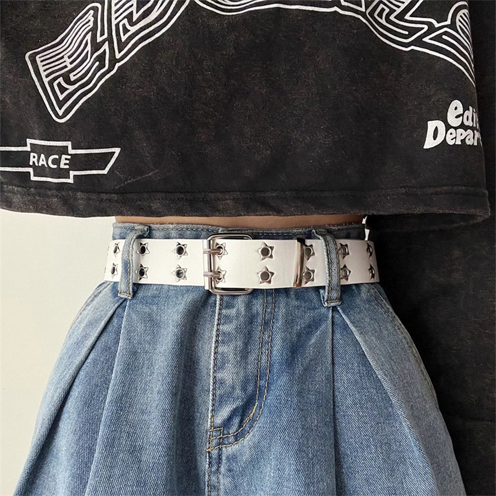 Star Rivet PU Leather Belts Women Men Punk Black White Double Row Hollow Waist Strap Trendy Waistband Jeans Skirt Decoration