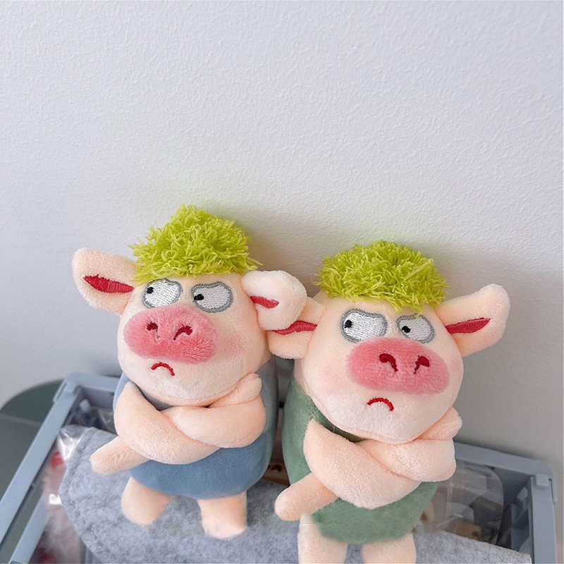 Adorable Animal Keychain Funny Green Hair Plush Animals Angry Pig Doll Pendant Car Backpack Decoration Soft Stuffed Toy Gif