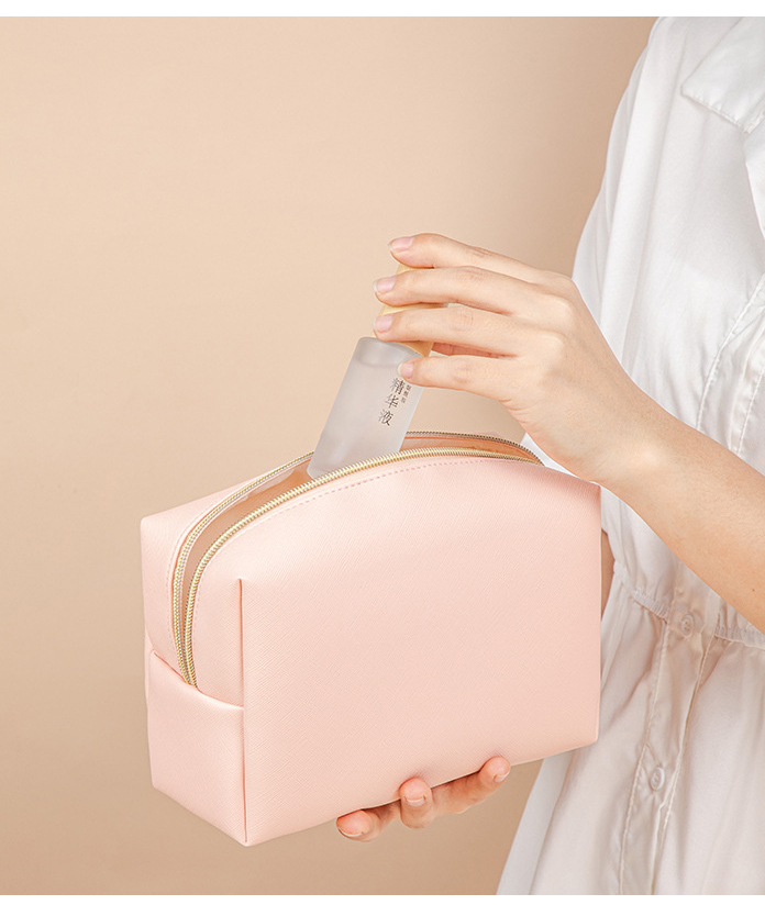 Women Cosmetic Bag Waterproof PU Leather Solid Color Makeup Pouch Travel Portable Wash Toiletry Storage Bag Organizer Purse 