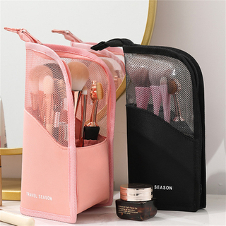 Makeup Brush Case Makeup Brush Holder Travel Waterproof Cosmetic Bag Stand-up Foldable Makeup Cup with Zipper (Black + Pink)