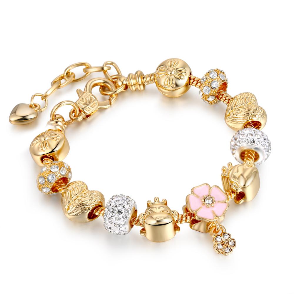 19cm Fit Original Bracelets Gold For Women Bead Bracelet Armband Brass Charm Crystal Beads Bracelet Bangle Holiday Gift